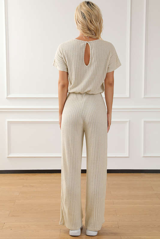 Oatmeal Ribbed Keyhole Short Sleeve Wide Leg Jumpsuit