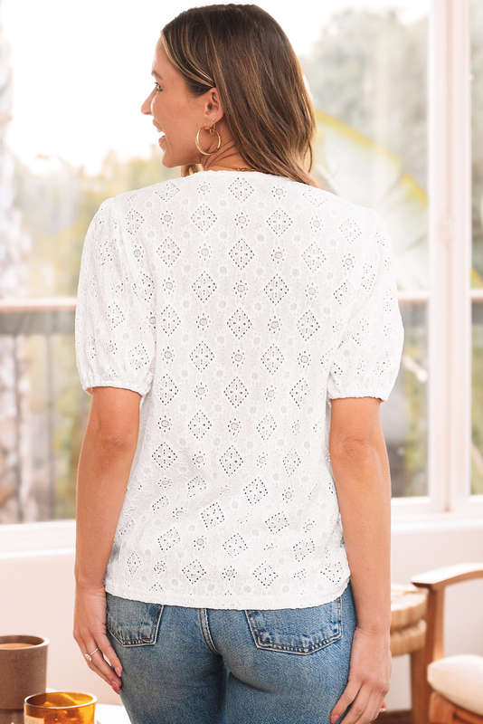 White Lace Puff Sleeve V Neck Button Up Shirt