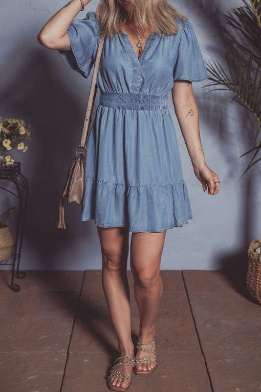 Ashleigh Blue Ruffled V Neck Smocked High Waist Denim Mini Dress