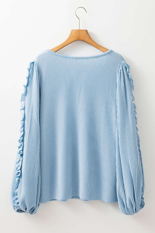 Mist Blue Corded Frilly Puff Sleeve Round Neck Blouse