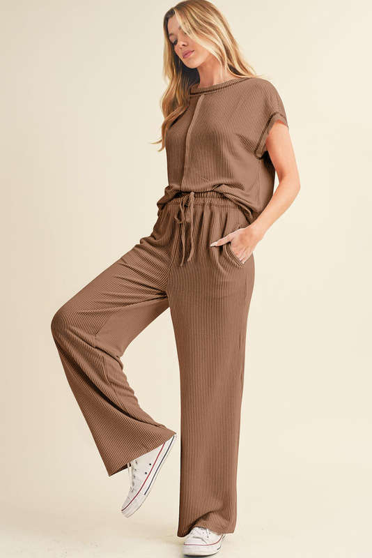 Coffee Solid Color Corded Short Sleeve Top and Casual Pants Set