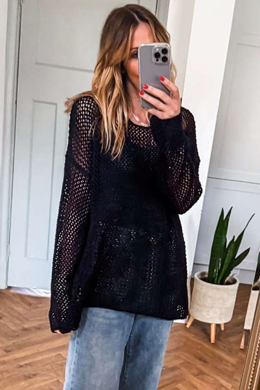 Black Crochet Hollow-out Jumper Top Sweater