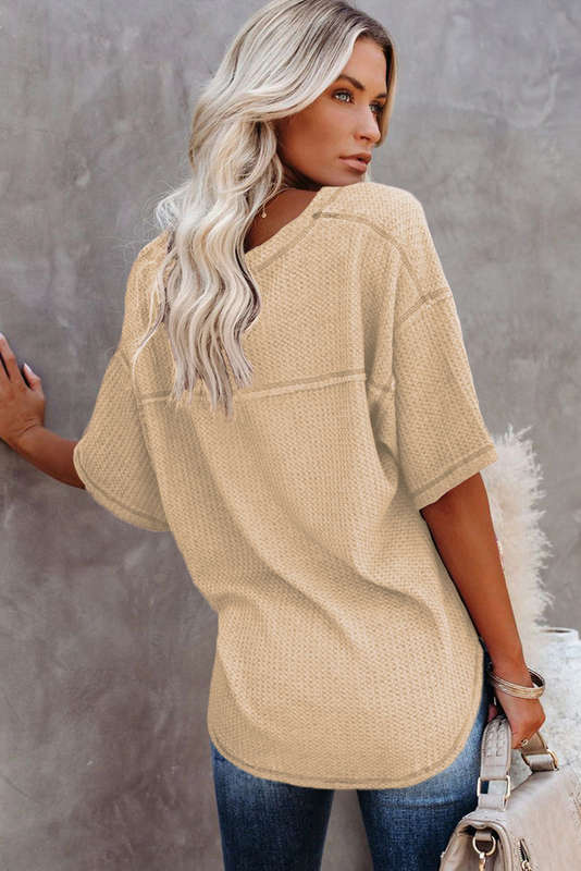 Apricot Exposed Seam Half Sleeve Knitted V Neck Textured Top