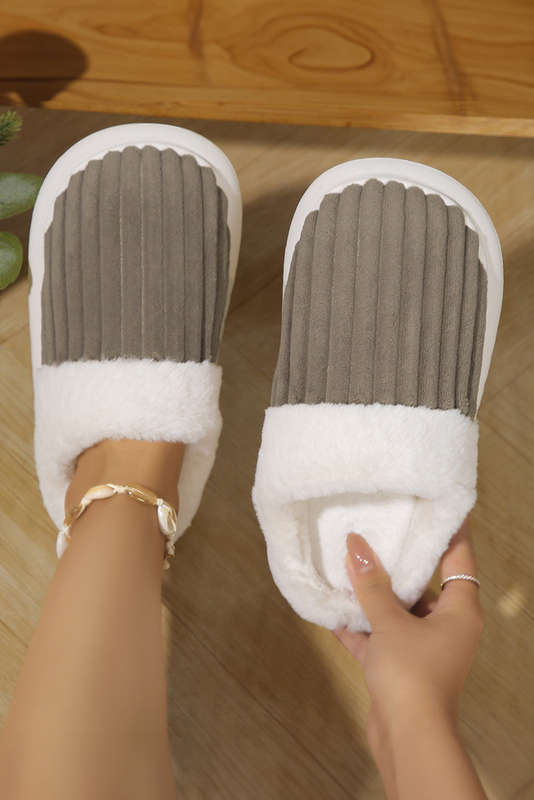 Dark Grey Ribbed Plush Color Block Winter Slippers