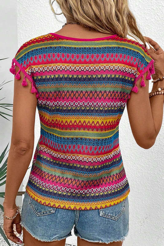 Rose Red Jacquard Textured Tasseled Cap Sleeve Top