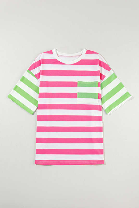 Pink Stripe Contrast Patch Pocket Drop Sleeve T Shirt