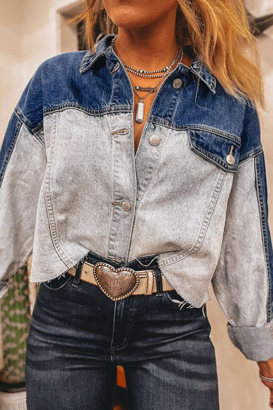 Dusk Blue Color Block Patchwork Flap Detail Distress Denim Jacket