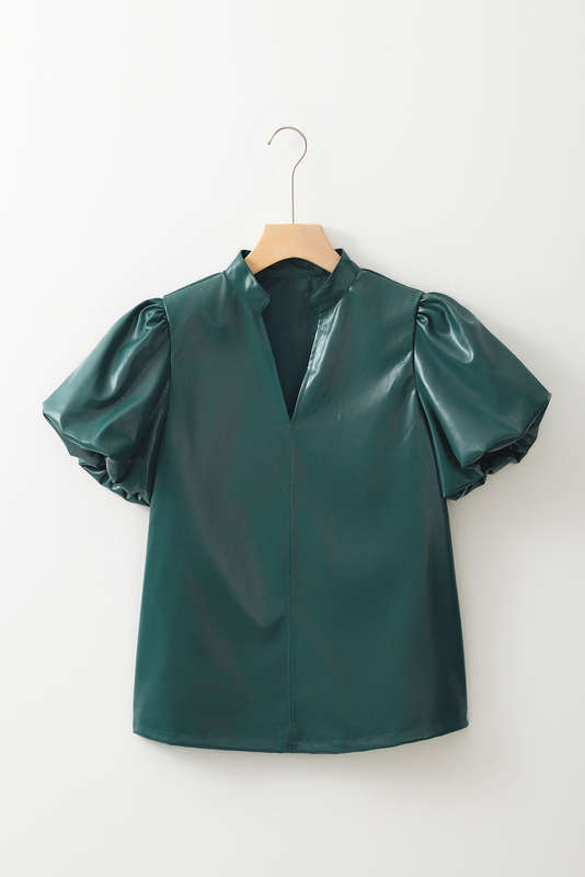 Sea Green  Notched V Neck Short Puff Sleeve PU Leather Blouse