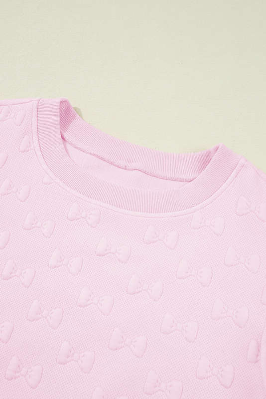 Pink Bow Jacquard Ruffle Sleeve Short 2pcs Outfit