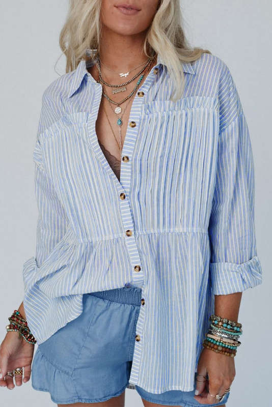 Blue V-Neck Knitted Summer Top with Exposed Seams