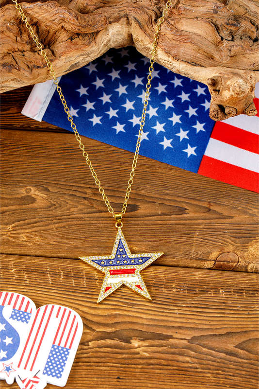 Gold Rhinestone American Flag Star Necklace
