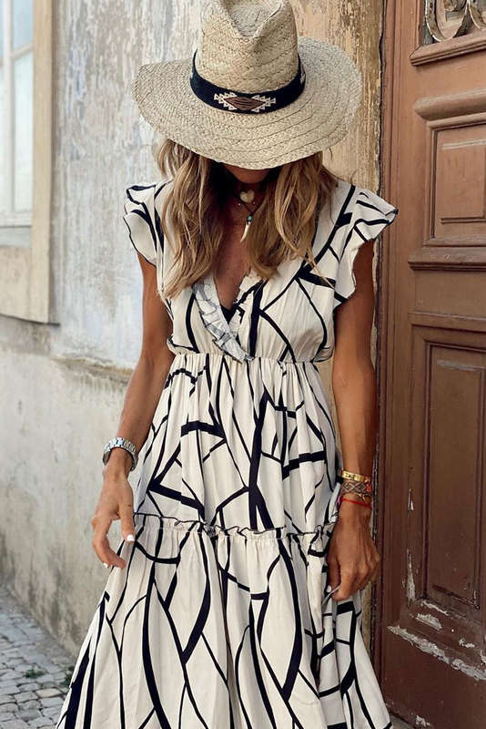 White Abstract Vein Print V Neck Ruffle Maxi Dress
