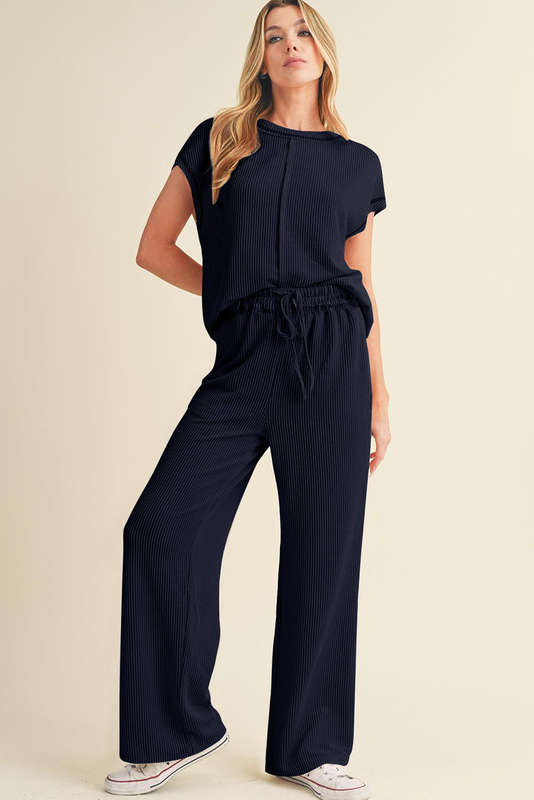 Navy Blue Solid Color Corded Short Sleeve Top and Casual Pants Set