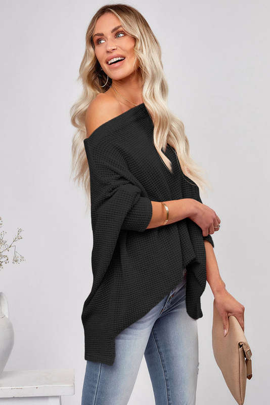 Black Waffle Knit Eyelet Long Sleeve Blouse