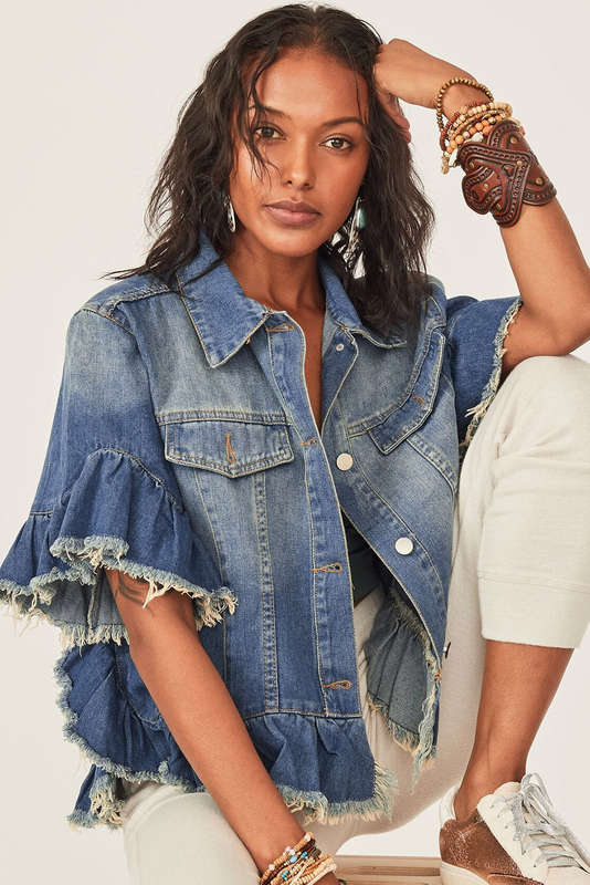 Blue V-Neck Knitted Summer Top with Exposed Seams