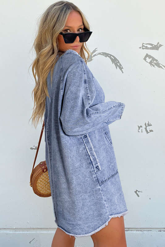 Blue V-Neck Knitted Summer Top with Exposed Seams