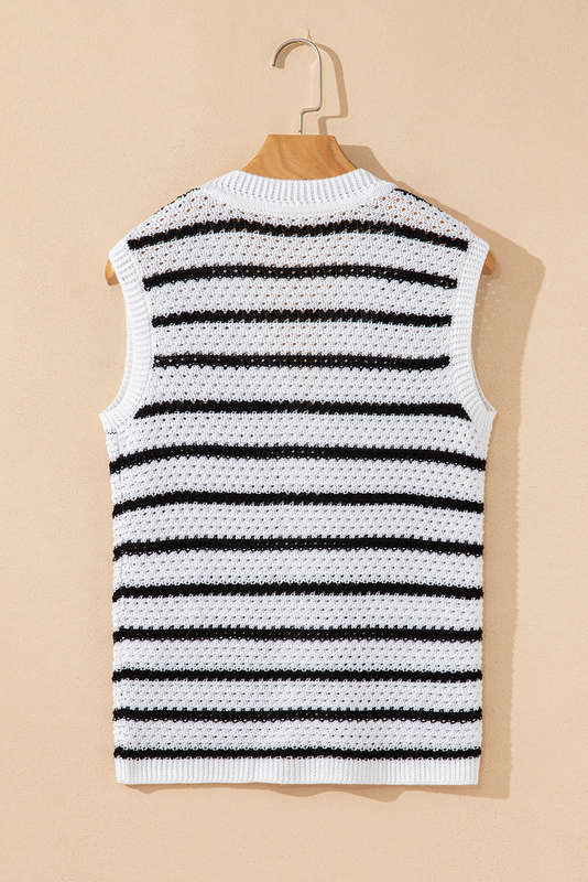 Black Stripe V Neck Gold Buttons Elegant Sweater Vest