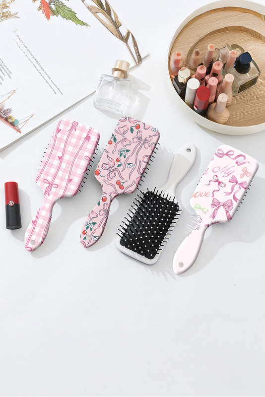 Pink Floral Bow Print Long Handle Air Cushion Comb