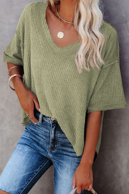 Green Exposed Seam Half Sleeve Knitted V Neck Textured Top