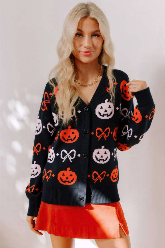 Black Halloween Pumpkin Bow Knit Button V Neck Sweater Cardigan