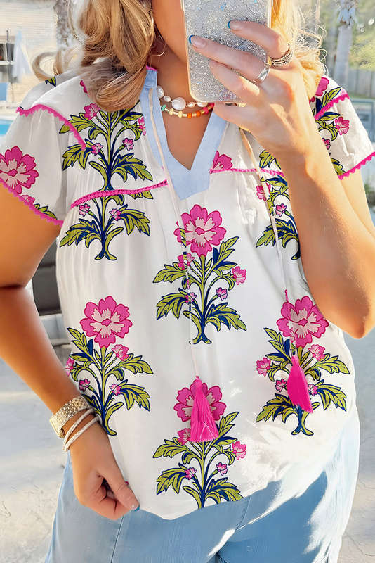 Rose Vintage Floral Print Contrast Notched V Neck Plus Size Summer Blouse