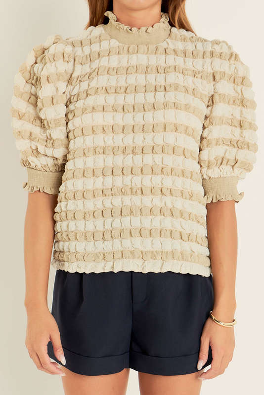 Beige Textured Mock Neck Short Sleeve Blouse