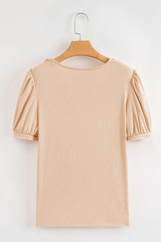 Pale Chestnut Crochet Floral V Neck Textured Short Sleeve Blouse