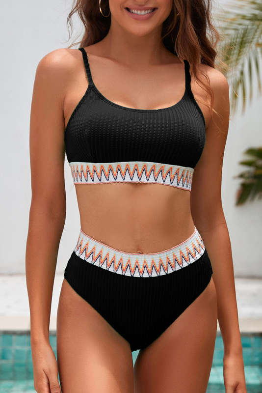 Black Textured Contrast Banding Bikini High Waist 2pcs Swimsuit
