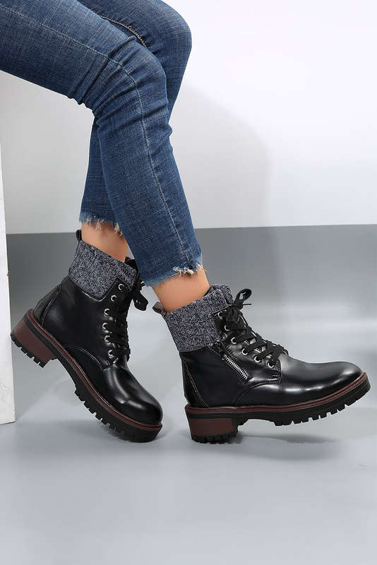 Black Knitted Patched Lace-up Heeled Ankle Boots