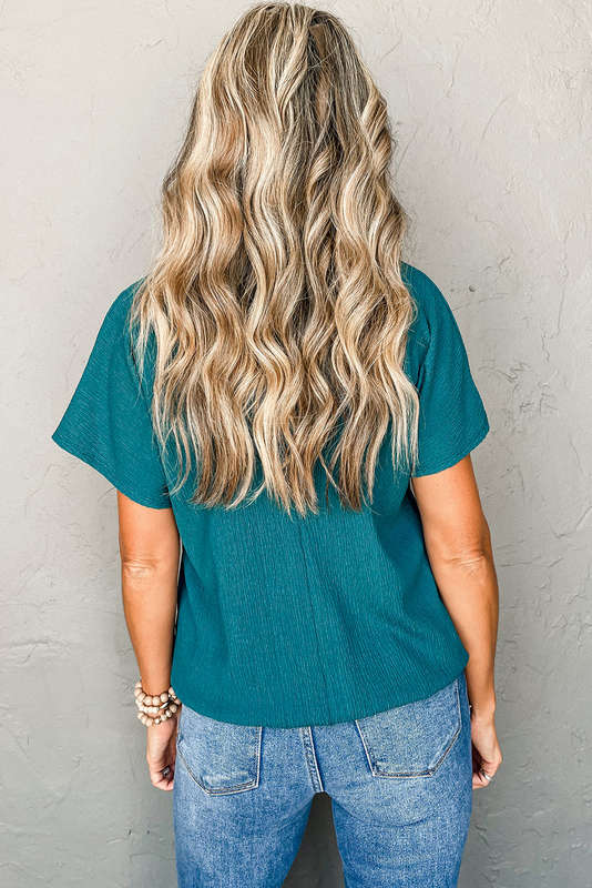 Blue V-Neck Knitted Summer Top with Exposed Seams