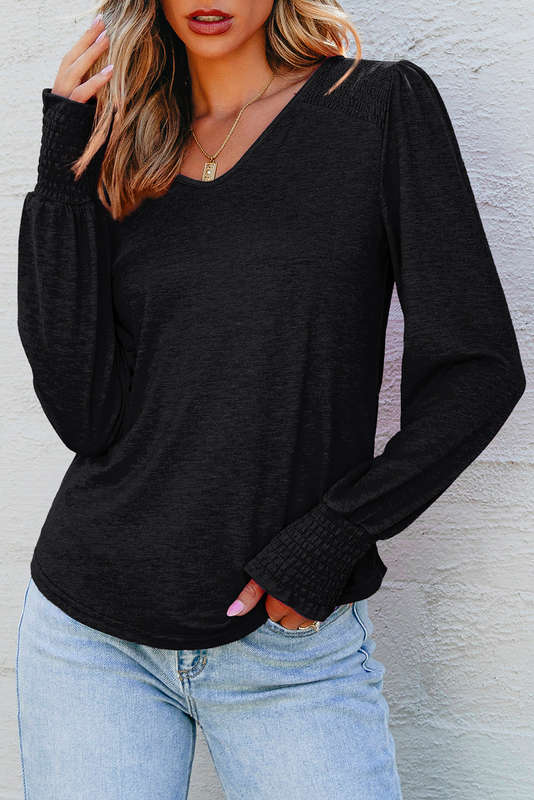 Black Shirred Shoulder Frilled Cuffs Long Sleeve Top