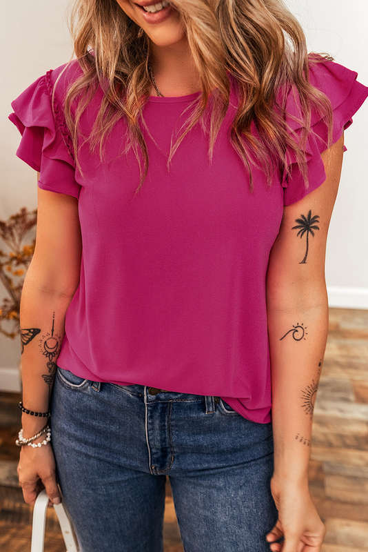 Rose Red Short Ruffle Sleeve Round Neck Blouse