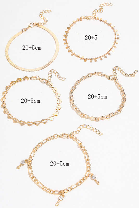 Gold Sweet Heart Rhinestone Dangle 5-piece Anklets