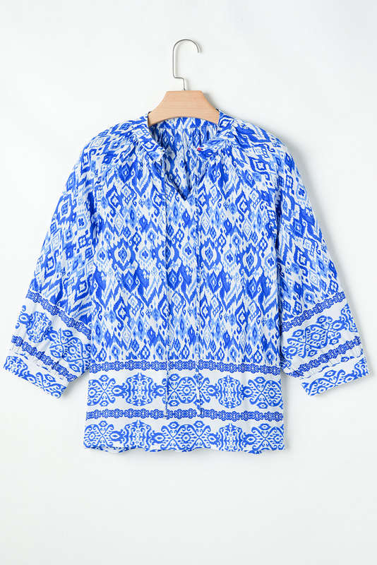Blue Boho Printed 3/4 Sleeve Tied Neck Blouse