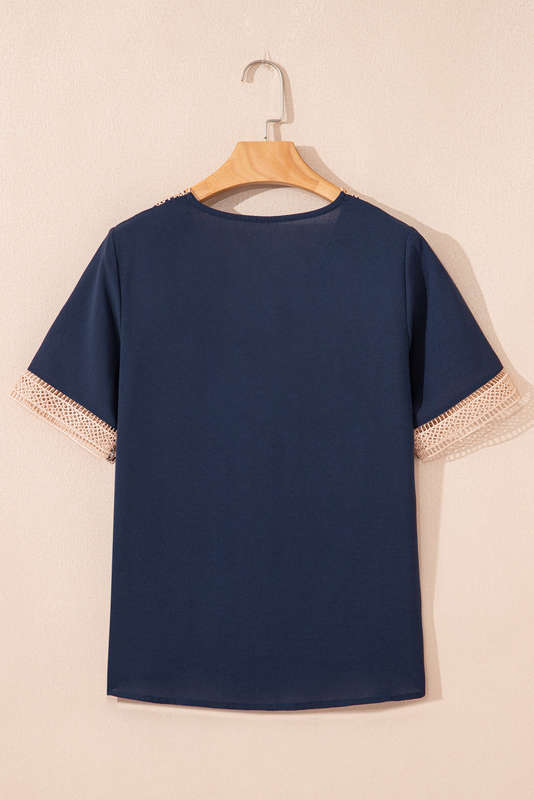 Blue Lace Trim V Neck Short Sleeve Blouse