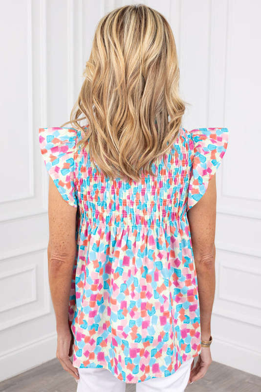 Sky Blue Shirred Yoke Ruffled Abstract Printed Blouse