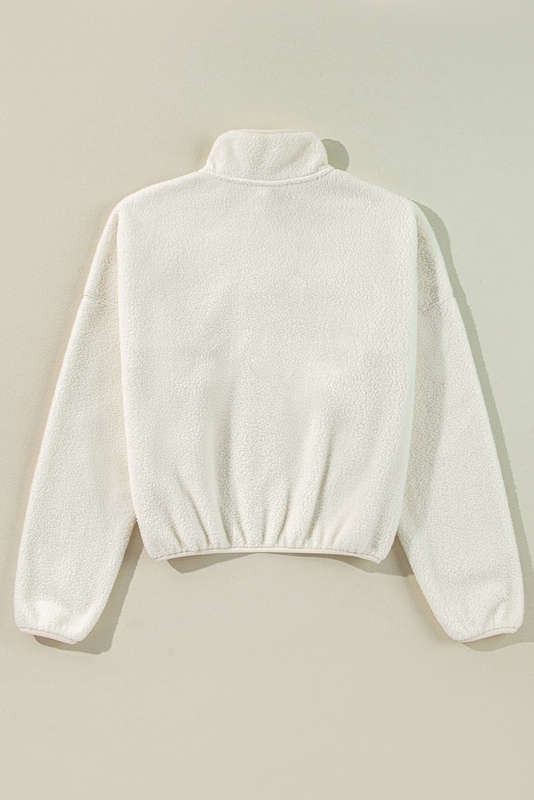 White Fleece Placket Turn-down Collar Drop Shoulder Sweatshirt