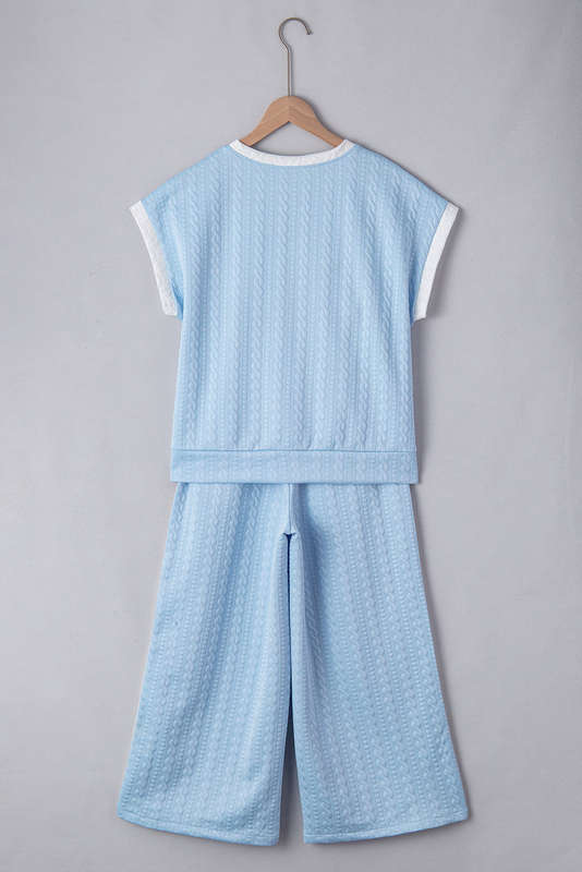 Beau Blue Textured Colorblock Edge Tank Top High Waist Pants Set