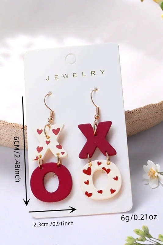 Racing Red Heart Print XOXO Letter Dangle Hook Earrings