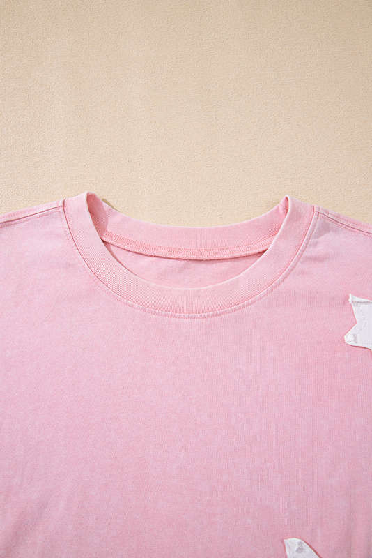 Light Pink Acid Wash Star Patched Rolled Trim Pants Set