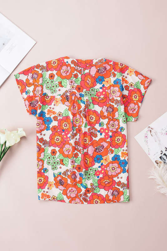 Red Floral Split Neck Top