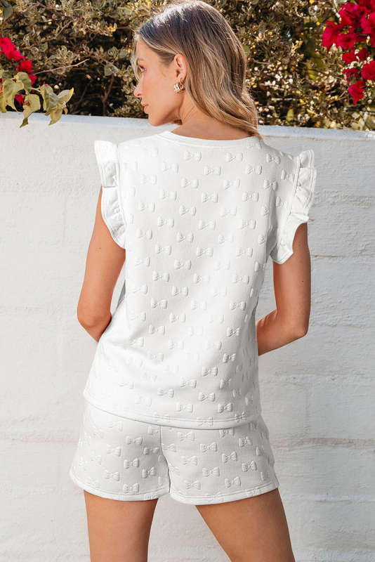 White Bow Jacquard Ruffle Sleeve Short 2pcs Outfit