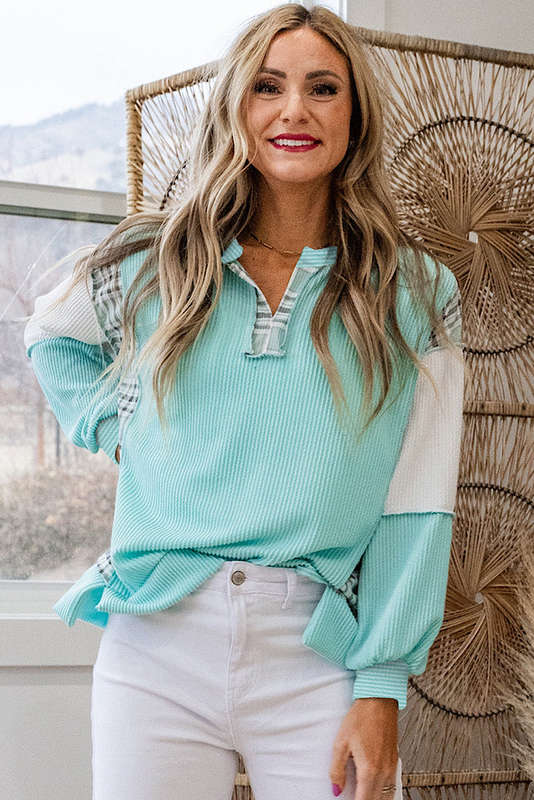 Aruba Blue Corded Texture Plaid Colorblock Patchwork Split Neck Long Sleeve Top