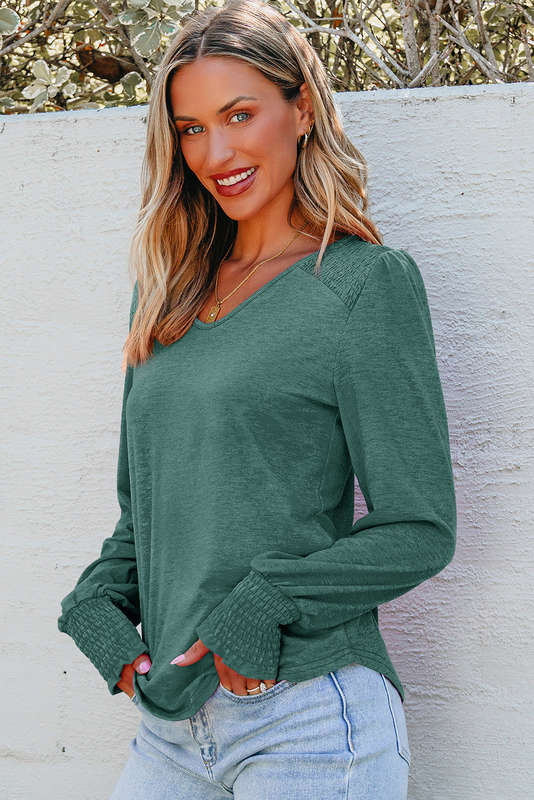 Blackish Green Shirred Shoulder Frilled Cuffs Long Sleeve Top