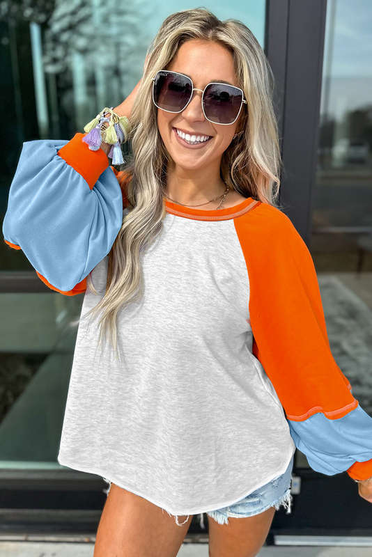 Light Grey Color Block Raglan Sleeve Contrast Stitching Loose Fit Top