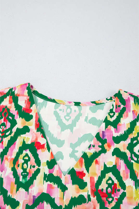 Green Abstract Print V Neck Short Sleeve Blouse