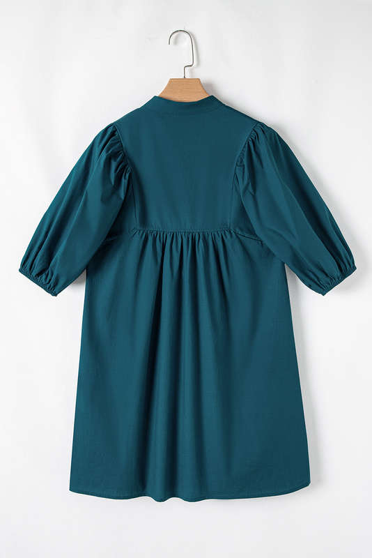 Blue Sapphire Colorblock Split V Neck Puff Sleeve Mini Dress