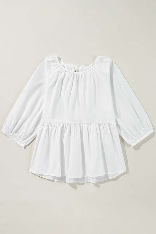 White Bow Knot Cutout Back Loose Fit 3/4 Sleeve Blouse