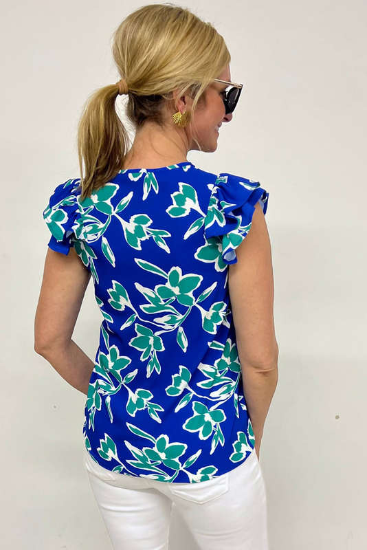 Blue V Neck Floral Print Double Ruffled Short Sleeve Blouse