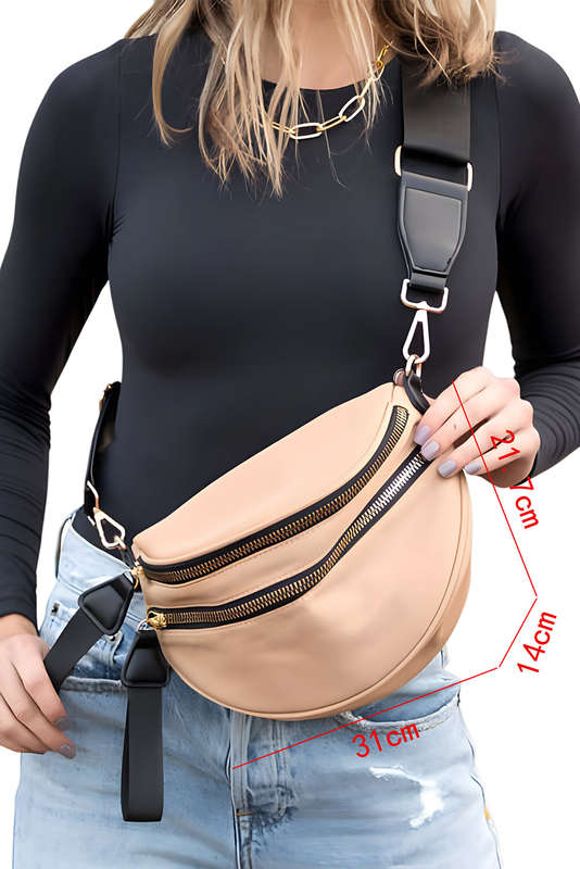 Parchment Double Zip Crescent Shape Adjustable Sling Bag